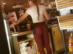 300px x 225px - Sexy waitress got a fantastic ass in red tights - Voyeur Videos