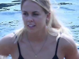 Checking cute blonde's crotch and ass in swimsuit