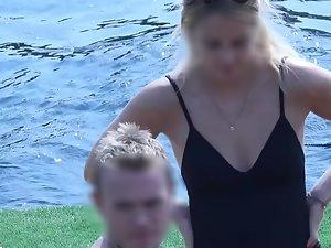 Checking cute blonde's crotch and ass in swimsuit