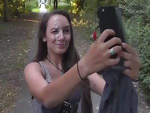 Big cum facial in middle of the park