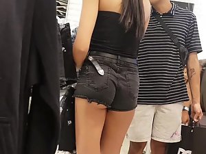 Hot shorty shopping clothes with boyfriend