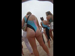 Beach volleyball swimsuit goes deep in big butt crack