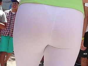 Sexy thong on hot ass in white tights
