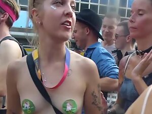 Nice tits with nothing but stickers out in public