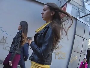 Vixen wiggles her ass when she walks in tight yellow skirt