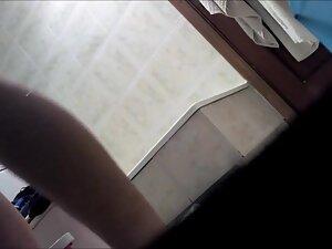 Spying her shave pussy while roommate is in bathroom Picture 6